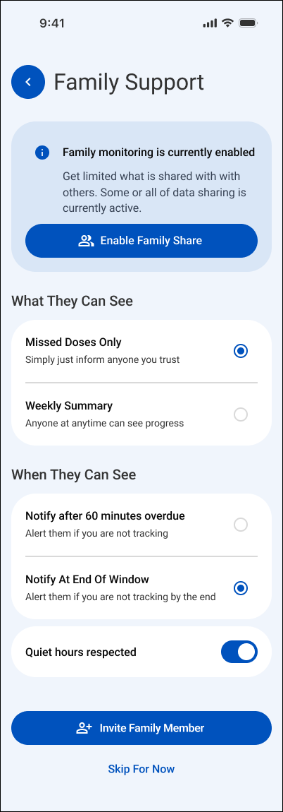 Cura family-support setup screen explaining optional caregiver visibility